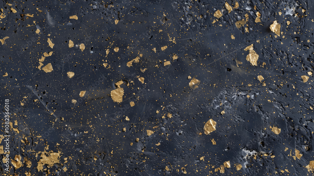 Fototapeta premium Abstract black background with strokes of gold paint.Dark shabby grunge style background with spots of gold foil, evoking a sense of luxury and mystery.