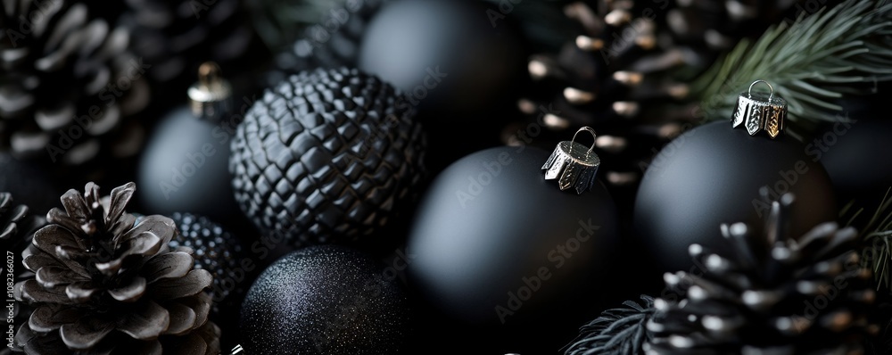 Black christmas ornaments and pine cones creating a festive atmosphere Black christmas ornaments and pine cones creating a festive atmosphere