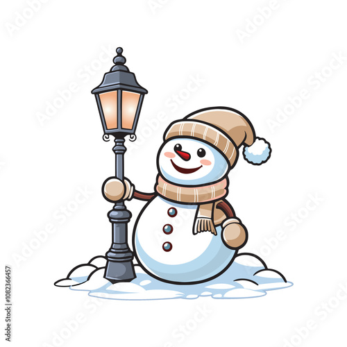 Cheerful Snowman with Street Lamp Vector Mascot Illustration