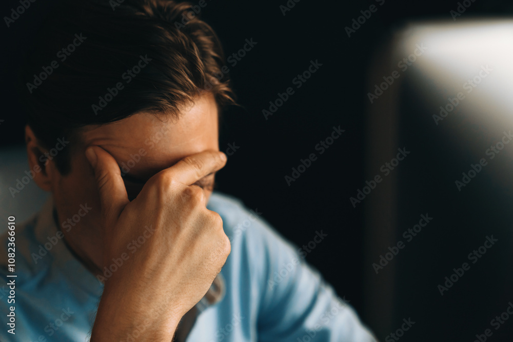 Thinking of stressful financial analyst researching on business paragraph on pc screen with dynamic database marketing analysis planning monthly report at modern home office at night time. Pecuniary. Thinking of stressful financial analyst researching on business paragraph on pc screen with dynamic database marketing analysis planning monthly report at modern home office at night time. Pecuniary.