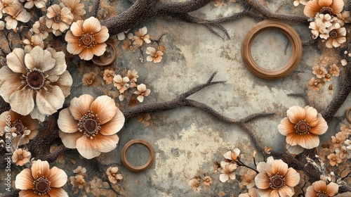 Elegant Floral Background with Soft Brown and Cream Flowers, Twisting Branches and Decorative Circular Frames for Creative Design Projects