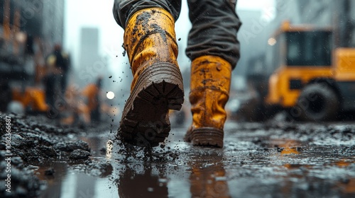 Construction worker walking through mud on construction site