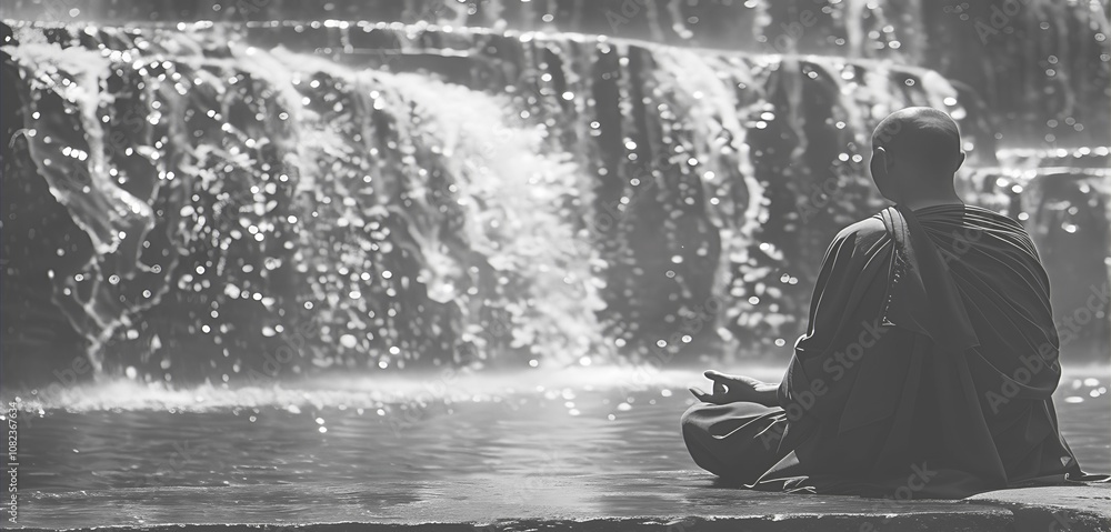 A serene monk meditating by a tranquil waterfall, embodying peace and mindfulness. A serene monk meditating by a tranquil waterfall, embodying peace and mindfulness.