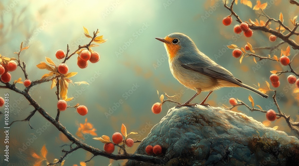 A small bird perched on a rock branch with red berries in a dreamy forest setting. A small bird perched on a rock branch with red berries in a dreamy forest setting.