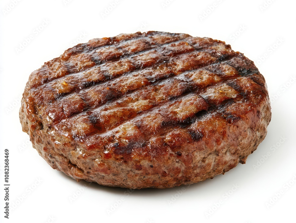 juicy grilled hamburger patty isolated on a clean white background, showcasing its delicious texture and color. the image emphasizes mouthwatering appeal and culinary delight juicy grilled hamburger patty isolated on a clean white background, showcasing its delicious texture and color. the image emphasizes mouthwatering appeal and culinary delight