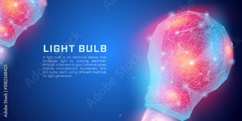 Abstract light bulb in low poly wireframe style, digital innovation in dark blue background suitable for illustration of technological developments, cyberspace, business ideas and brainstorming