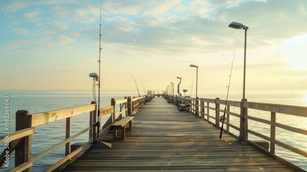 A picturesque sea fishing pier at sunrise, Fishing equipment lined along a wooden pier, Coastal leisure style A picturesque sea fishing pier at sunrise, Fishing equipment lined along a wooden pier, Coastal leisure style