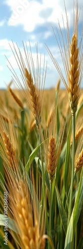 Golden wheat stalks stand tall against a blue sky, a sign of a bountiful harvest photo