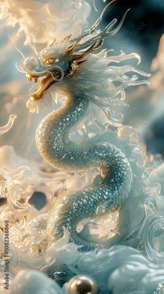 Fototapeta premium Majestic white and gold dragon rising from the clouds