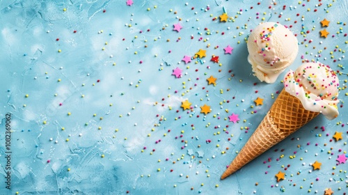 Vanilla Ice Cream Cone with Sprinkles on Blue Background