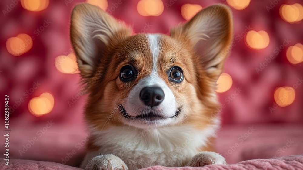 Cute corgi puppy relaxing on pink blanket with heart shaped bokeh lights Cute corgi puppy relaxing on pink blanket with heart shaped bokeh lights