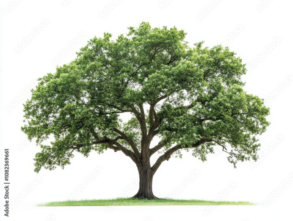 Obraz premium lone bur oak tree depicted in exquisite detail on a white backdrop, showcasing its majestic branches and lush foliage, symbolizing strength and resilience in nature
