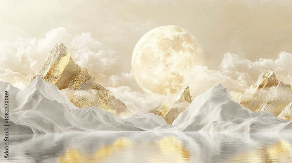 © Theeranan - Serene Landscape with Golden Mountains and Full Moon Reflected in Calm Water under Soft Cloudy Sky, Evoking Peace and Tranquility for Nature Lovers and Dreamers © Theeranan - Serene Landscape with Golden Mountains and Full Moon Reflected in Calm Water under Soft Cloudy Sky, Evoking Peace and Tranquility for Nature Lovers and Dreamers