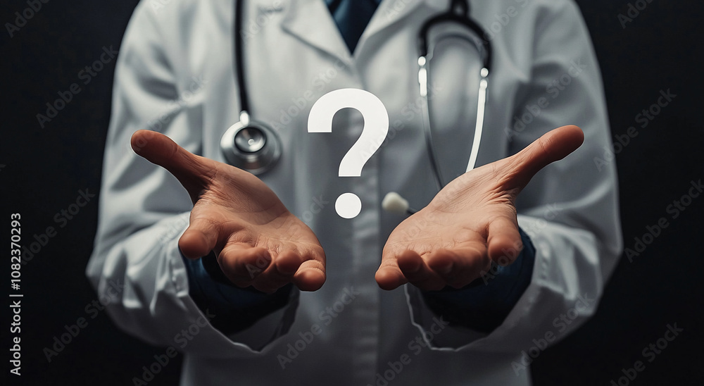 A doctor in a white coat with a stethoscope around their neck is holding out their hands with a large question mark in front of them A doctor in a white coat with a stethoscope around their neck is holding out their hands with a large question mark in front of them