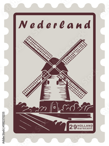 Picturesque Windmill Stamp - Classic Dutch Scenery