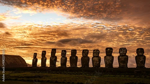 The sun rises behind a row of ancient moai statues on easter island, casting a warm glow on the landscape