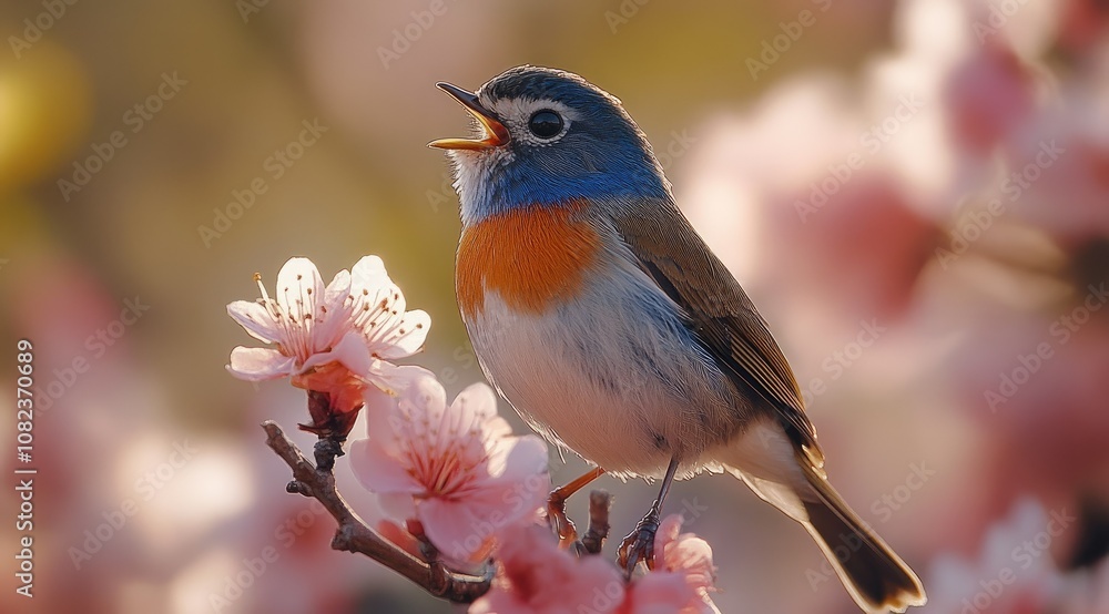 Fototapeta premium A small blue and orange bird perched on a branch with pink blossoms singing in the sunlight.