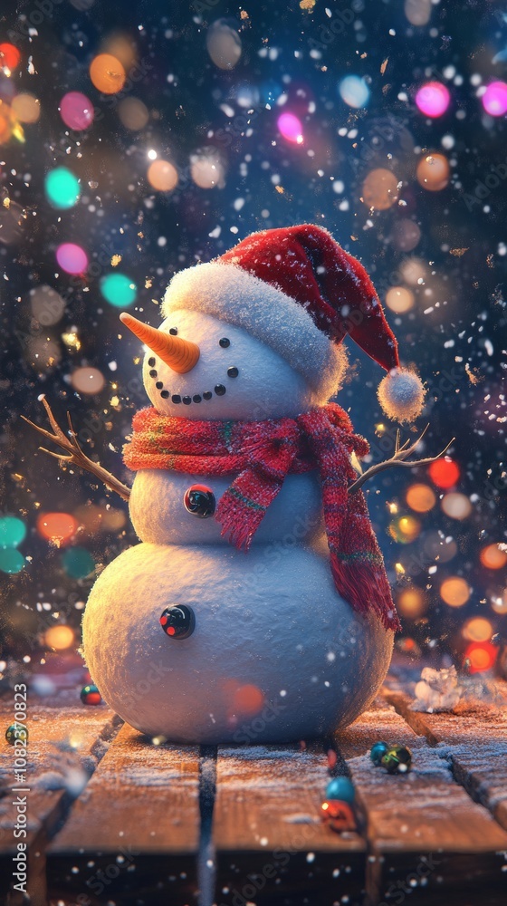 Obraz premium Snowman wearing santa hat and scarf enjoying christmas eve