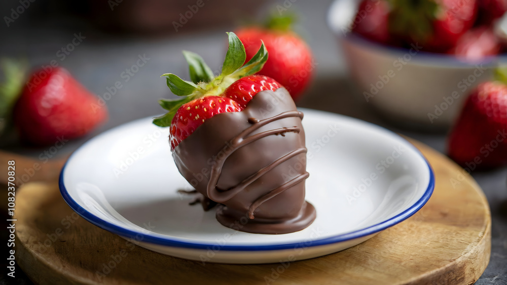 strawberry dipped in chocolate, presented on a white plate strawberry dipped in chocolate, presented on a white plate