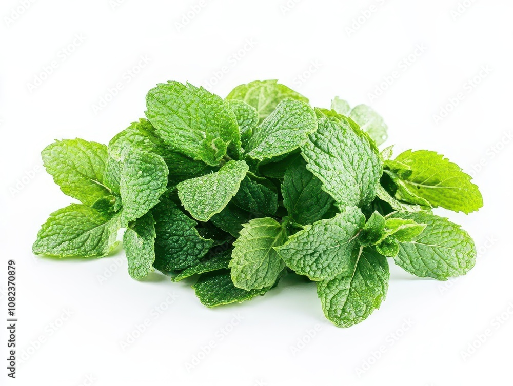 lush mint leaves with delicate droplets of water glistening under soft natural light, isolated against a crisp white background, emphasizing freshness and vibrancy lush mint leaves with delicate droplets of water glistening under soft natural light, isolated against a crisp white background, emphasizing freshness and vibrancy