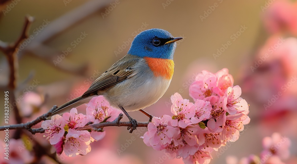 A small blue and orange bird perches on a branch with pink blossoms in the background. A small blue and orange bird perches on a branch with pink blossoms in the background.