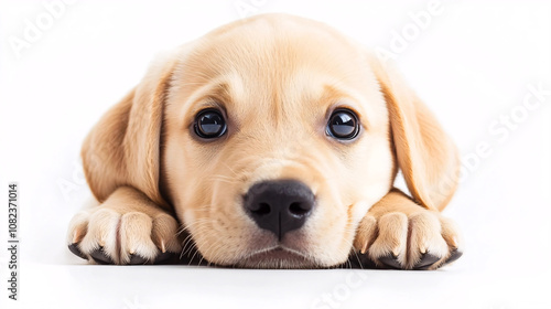 A close-up of an adorable golden Labrador puppy lying down with big, expressive eyes and a soft gaze, set against a clean, white background