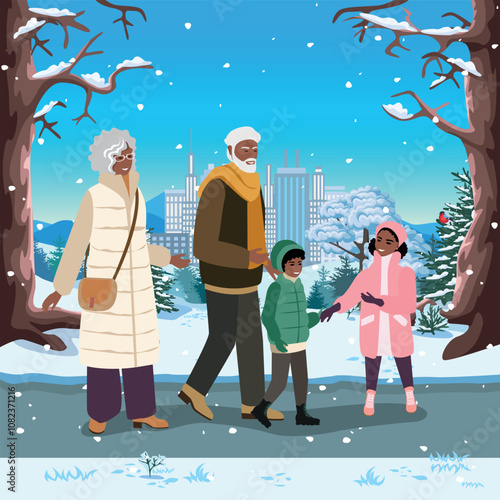 Elderly couple and their grandchildren walking in winter city park and having fun. Active lifestyle. Beauty of winter nature. Vector illustration on abstract background.