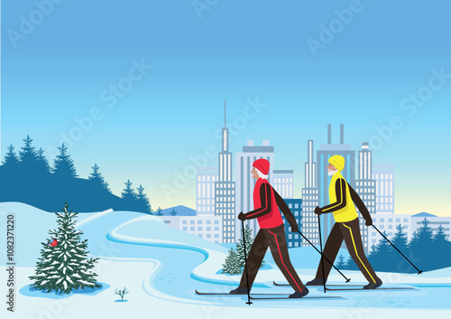 Happy elderly couple skiing outside the city. Active seniors. Winter sports outdoors. Vector illustration in flat style.