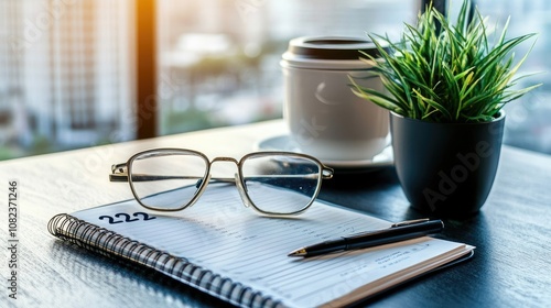 Wallpaper Mural Stylish workspace with notebook, pen, glasses, coffee cup, and decorative plant on wooden table against a bright cityscape, perfect for productivity and inspiration. Torontodigital.ca