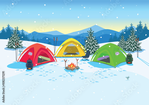 Three camping tents, fire and hiking backpacks stand on a snowy meadow in the mountains. Beautiful winter landscape. Active winter recreation and travel image. Vector illustration.