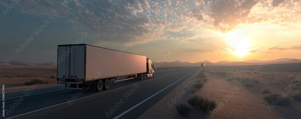 Obraz premium White semi-truck driving on desert highway at sunset