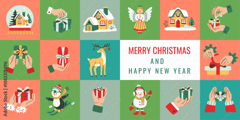 Obraz premium Festive flat-style holiday illustrations featuring gifts, hands, snowman, angel, deer, houses, and winter scenes. Perfect for Christmas greeting cards, seasonal decorations, and design projects.