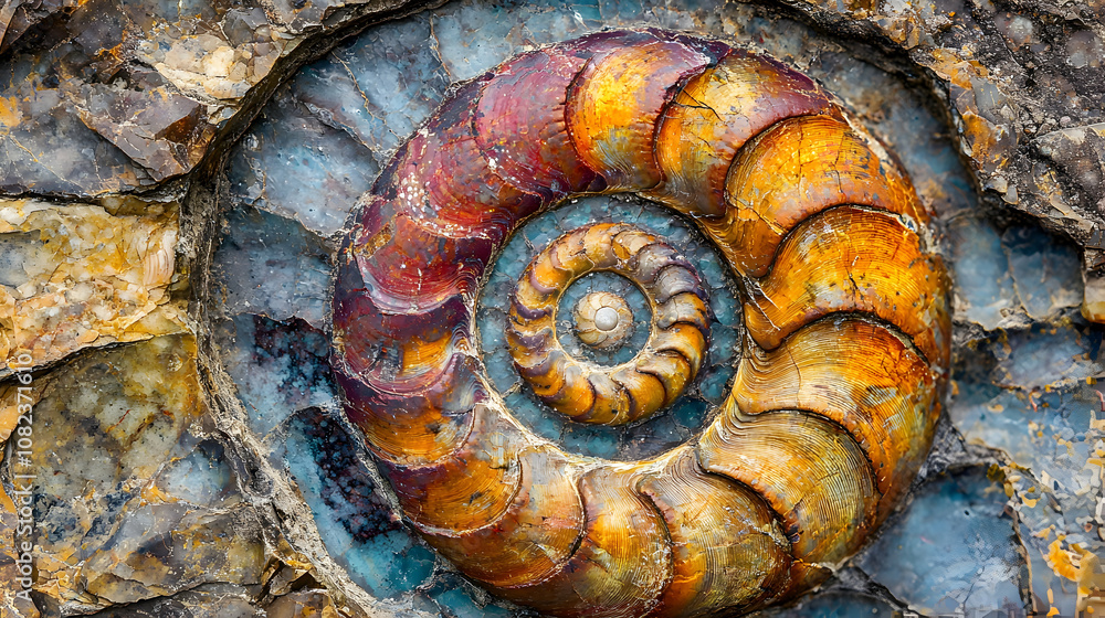 Closeup of Fossilized Ammonite Shell in Stone, Natural History Background Closeup of Fossilized Ammonite Shell in Stone, Natural History Background