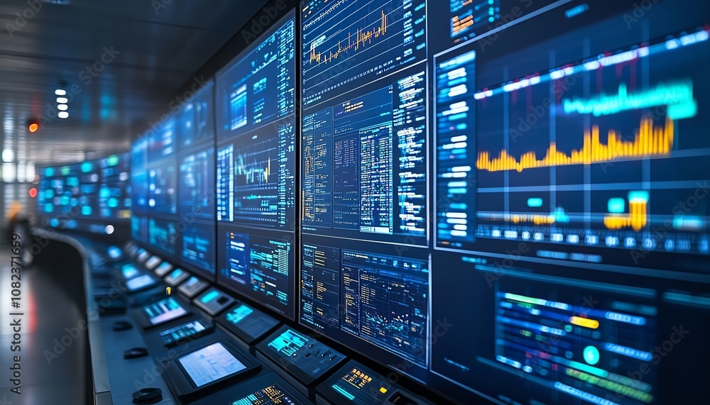Futuristic command center monitoring worldwide operations, multiple large screens showing realtime data, hightech equipment, digital displays, modern control room setup Futuristic command center monitoring worldwide operations, multiple large screens showing realtime data, hightech equipment, digital displays, modern control room setup