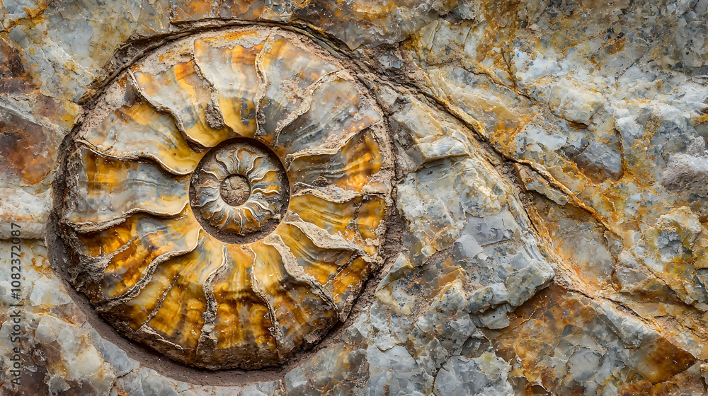 Yellow and Grey Ammonite Fossil in Stone - Close-Up Yellow and Grey Ammonite Fossil in Stone - Close-Up