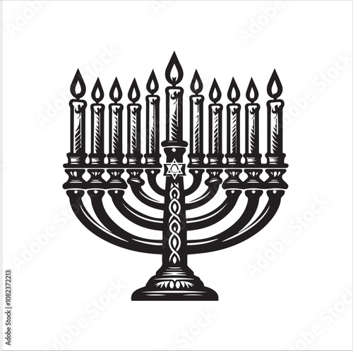 A stylized menorah, a symbol of light and hope for Hanukkah celebrations. A striking black and white vector illustration of a nine-branched menorah (Hanukkiah) with lit candles, a traditional symbol.