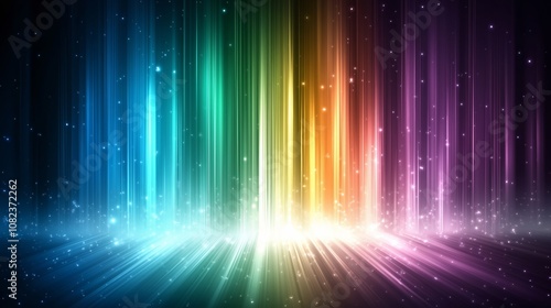 Vibrant glowing light beams with a rainbow spectrum and sparkling stars, creating a dynamic and magical abstract background for creative designs.