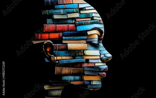 Head composed of stacked books, symbolic of learning and knowledge, creative design showing human intelligence through books, education concept, intellectual art photo