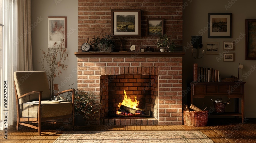 Cozy Living Room with a Brick Fireplace, Warm Glow of Fire, Comfortable Armchair, Rustic Decor, and Natural Light Filtering Through Large Windows Cozy Living Room with a Brick Fireplace, Warm Glow of Fire, Comfortable Armchair, Rustic Decor, and Natural Light Filtering Through Large Windows