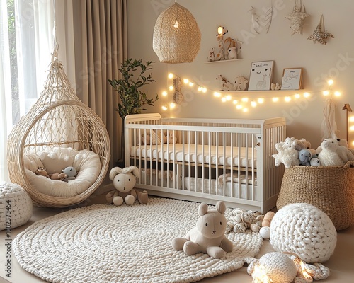 Modern cozy nursery in pastel hues, genderneutral decor, plush toys, stylish furniture, and sweet decorative touches, perfect for a peaceful and warm baby room photo