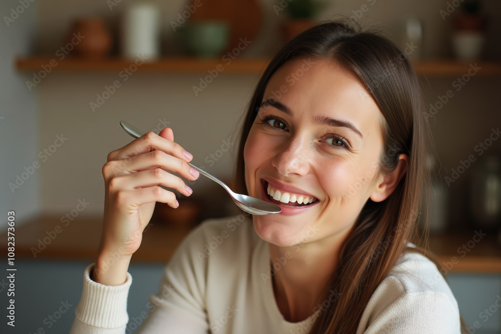 Happy Woman Playfully Nibbling Spoon Tip Amidst Kitchen Surroundings Happy Woman Playfully Nibbling Spoon Tip Amidst Kitchen Surroundings