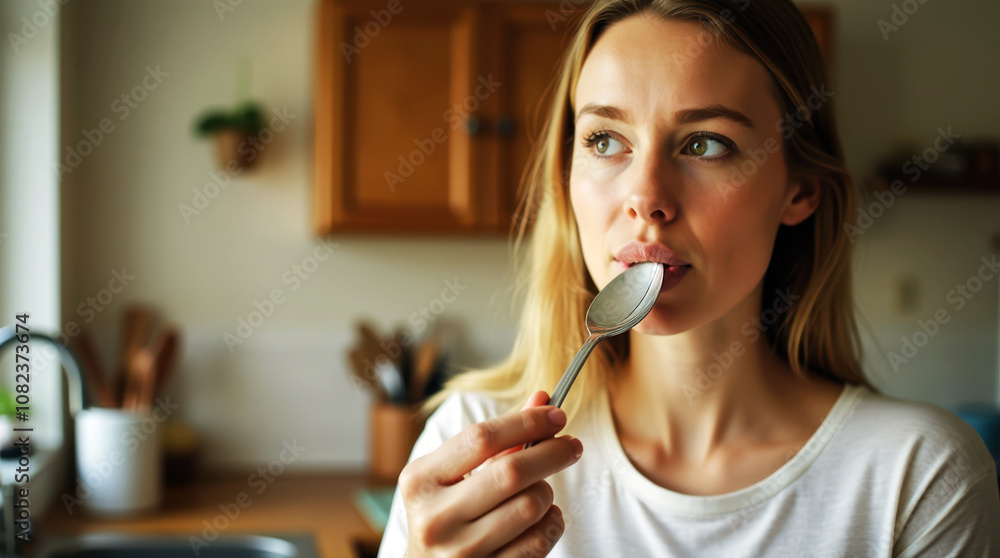 Woman Enjoying Moment Holding Spoon in Mouth in Warm Kitchen Atmosphere Woman Enjoying Moment Holding Spoon in Mouth in Warm Kitchen Atmosphere