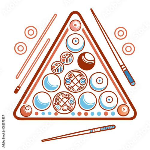 Artistic Billiards: A stylized illustration of a billiard triangle rack, complete with cues, showcasing intricate patterns and a vibrant color palette.  