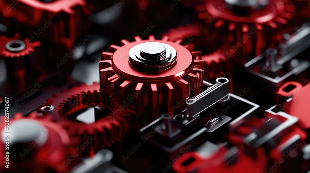Close-Up View of Interlocking Red Gears and Metallic Components on a Black Background, Symbolizing Engineering and Precision Mechanics in Industrial Design Close-Up View of Interlocking Red Gears and Metallic Components on a Black Background, Symbolizing Engineering and Precision Mechanics in Industrial Design