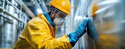 Safetyconscious worker in protective gear descending into a large industrial tank photo