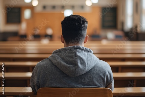 Young male student with short black hair, wearing a gray hoodie, sitting alone at a wooden desk in a spacious classroom, soft daylight, close-up back view 2