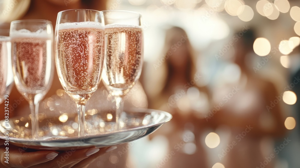 A close-up of a tray with champagne glasses being carried by a waiter at a sophisticated event, surrounded by soft light and blurred guests in the background. A close-up of a tray with champagne glasses being carried by a waiter at a sophisticated event, surrounded by soft light and blurred guests in the background.