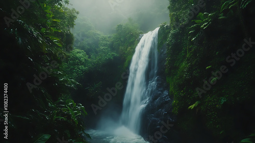A waterfall in a dense forest, photographed using a wide aperture to create depth of field and isolate the waterfall from the background 