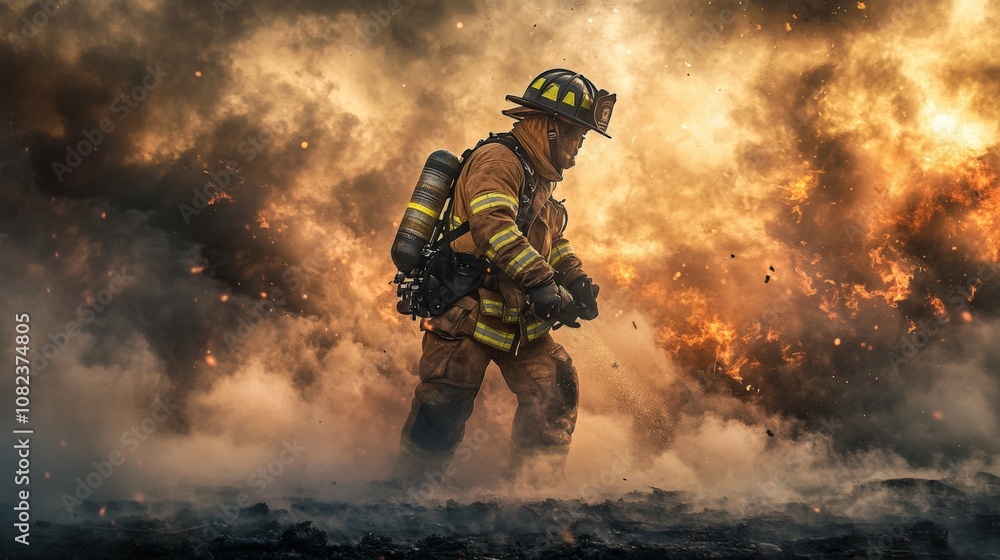 Fototapeta premium Firefighter Braving Flames and Smoke in Dangerous Scene