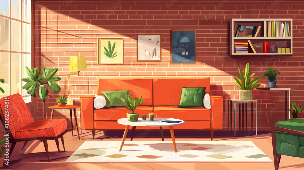 Elegant cozy living room with a rustic brick wall, showcasing a harmonious blend of warm colors, comfortable seating, and artistic elements. Harmonious. Illustration Elegant cozy living room with a rustic brick wall, showcasing a harmonious blend of warm colors, comfortable seating, and artistic elements. Harmonious. Illustration